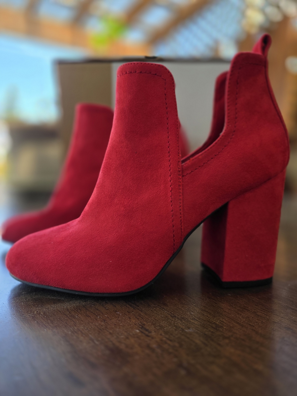 Call It Spring Red Suede Chunky Heel Ankle Boot